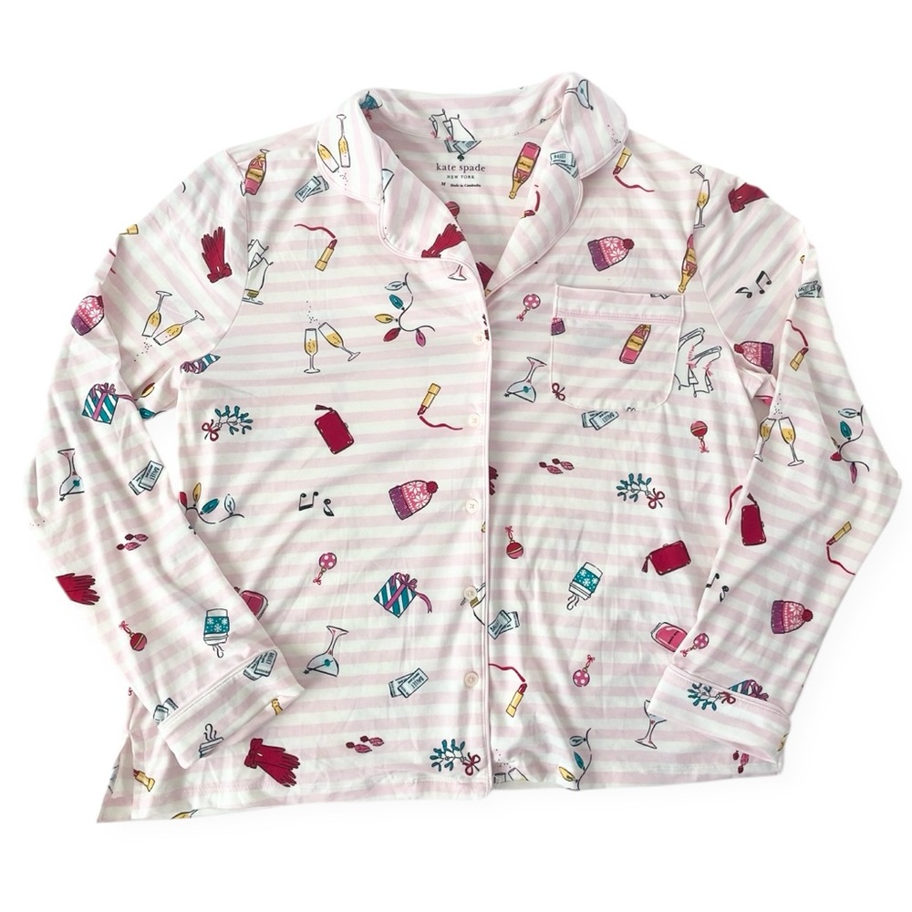 Kate Spade Pink White WINTER CELEBRATION Stretch Knit Pajama Lounge Set medium - Picture 2 of 5